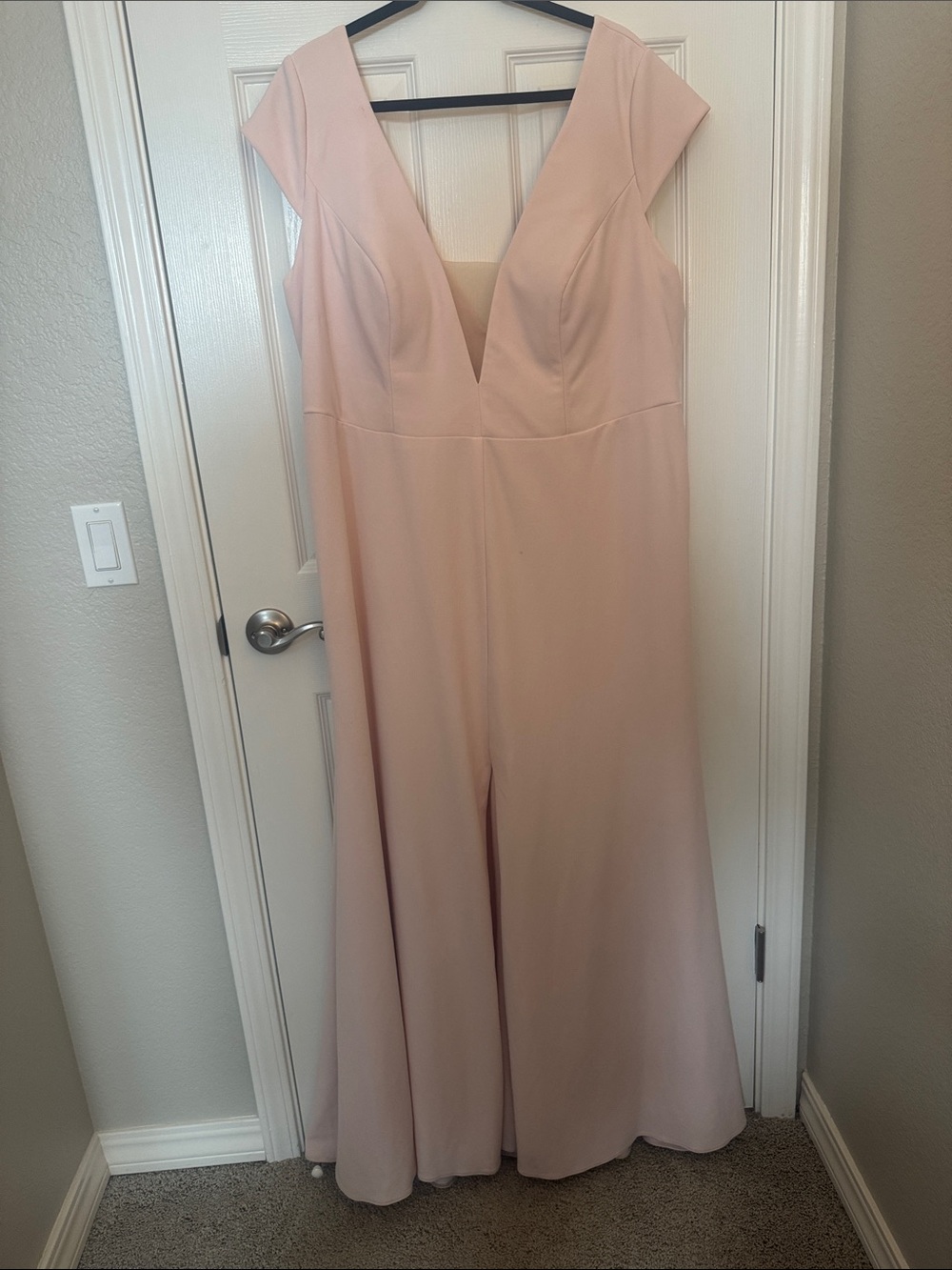 Azazie Blush Pink V-Neck Cap Sleeve Gown